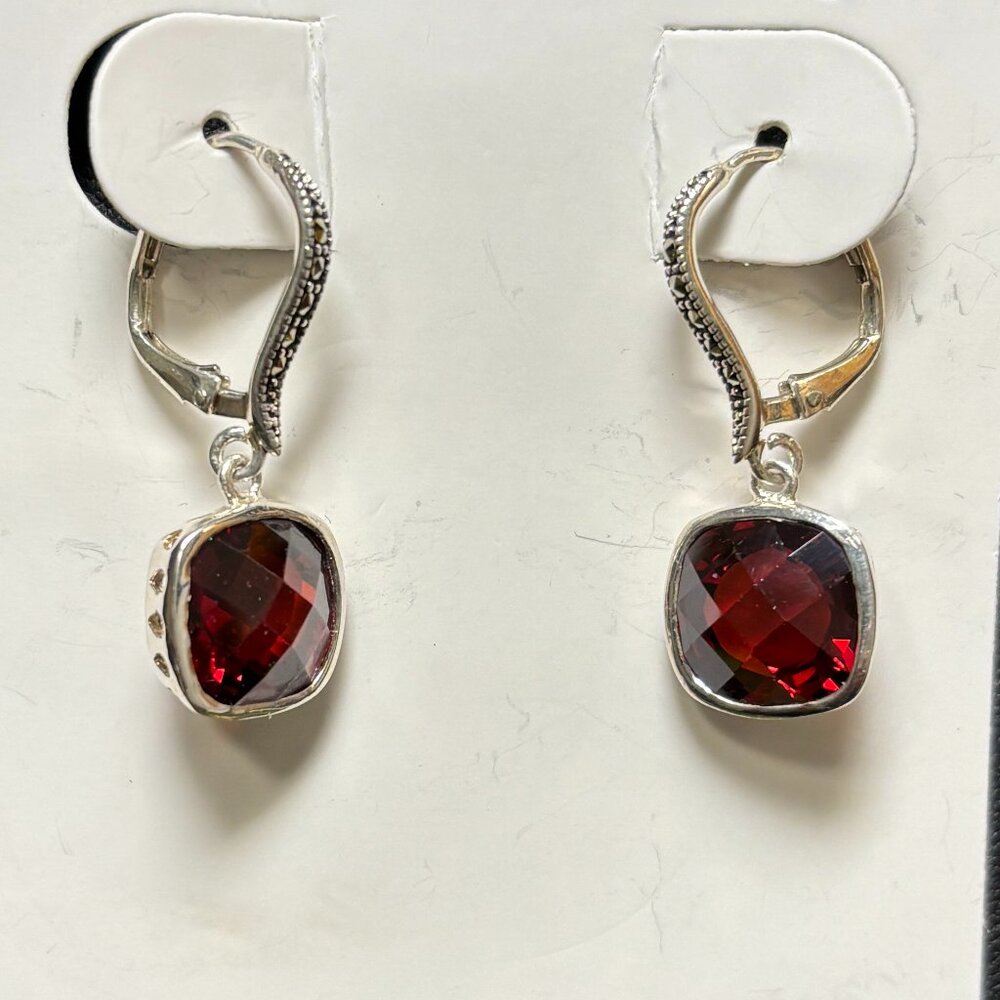 NEW Garnet and silver earrings with ornate marcasite leverback earwire - Picture 2 of 3